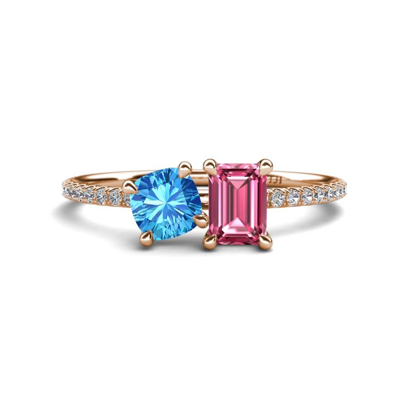 Elyse 6.00 mm Cushion Shape Blue Topaz and 7x5 mm Emerald Shape Pink Tourmaline 2 Stone Duo Ring 