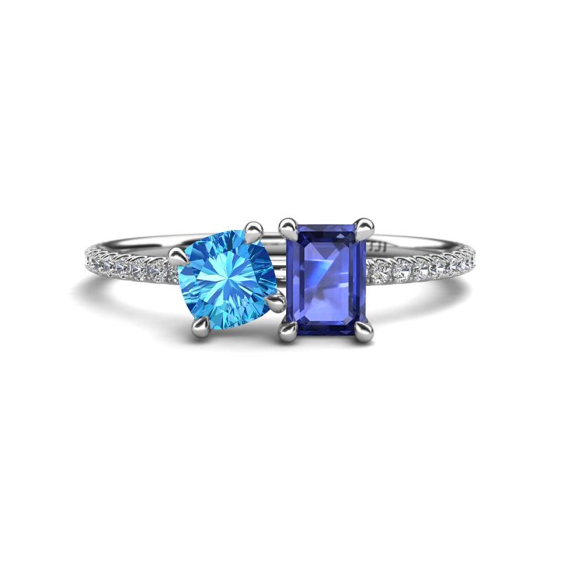 Elyse 6.00 mm Cushion Shape Blue Topaz and 7x5 mm Emerald Shape Iolite 2 Stone Duo Ring 