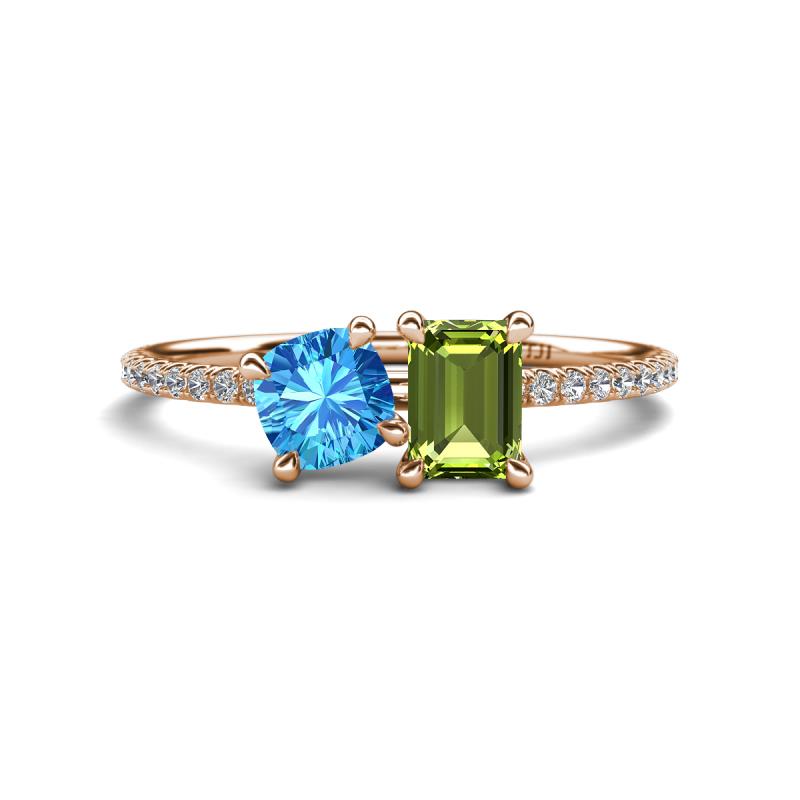 Elyse 6.00 mm Cushion Shape Blue Topaz and 7x5 mm Emerald Shape Peridot 2 Stone Duo Ring 