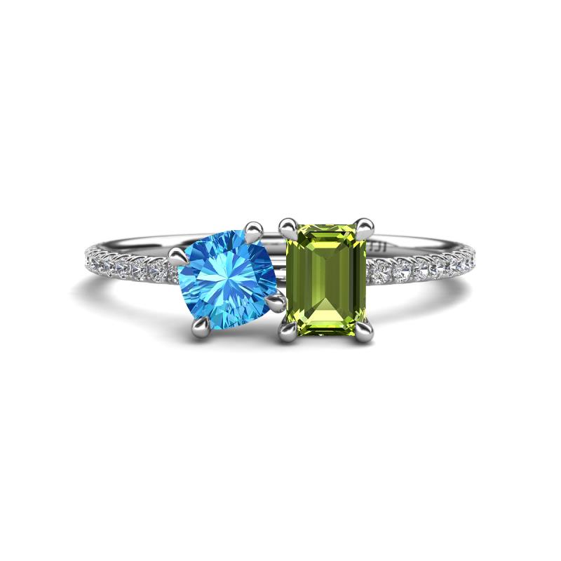 Elyse 6.00 mm Cushion Shape Blue Topaz and 7x5 mm Emerald Shape Peridot 2 Stone Duo Ring 
