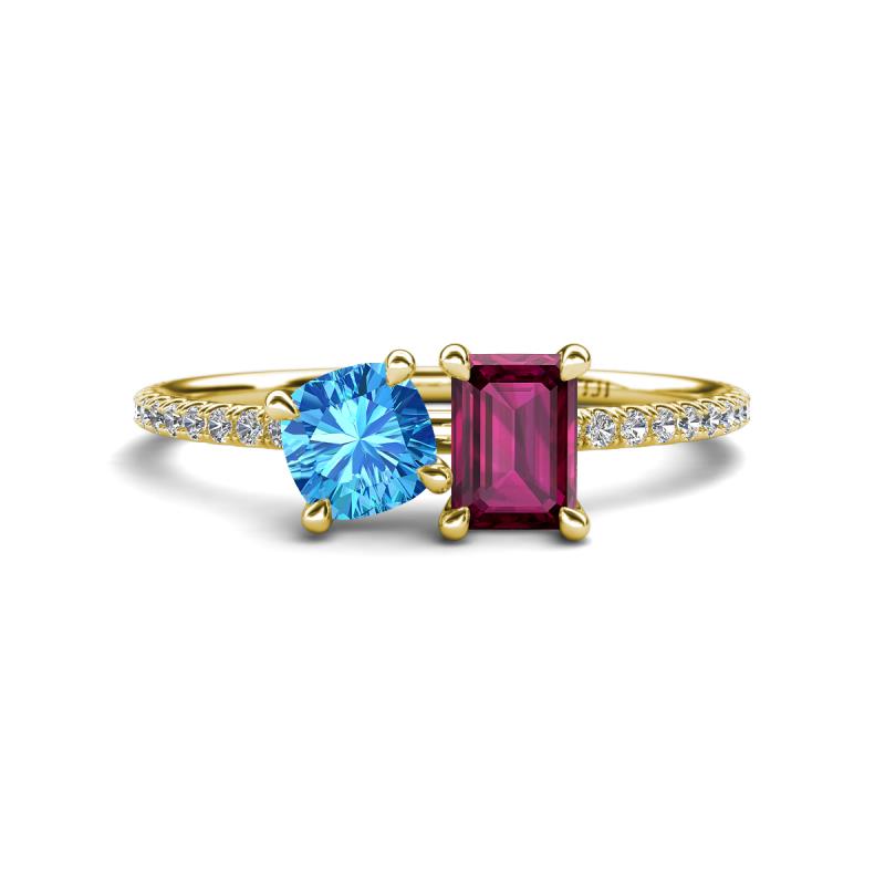 Elyse 6.00 mm Cushion Shape Blue Topaz and 7x5 mm Emerald Shape Rhodolite Garnet 2 Stone Duo Ring 