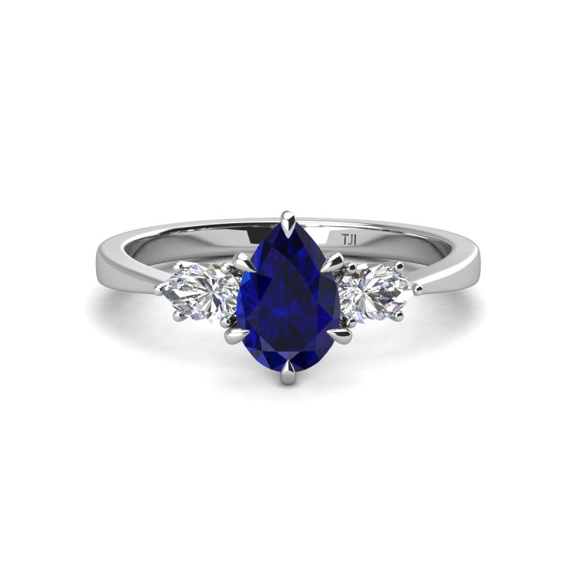 Naomi 9x7 mm Pear Shape Blue Sapphire and Lab Grown Diamond Three Stone Engagement Ring 