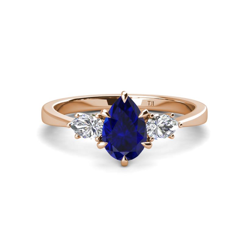 Naomi 9x7 mm Pear Shape Blue Sapphire and Lab Grown Diamond Three Stone Engagement Ring 