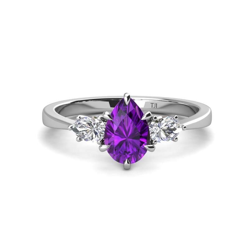 Naomi 9x6 mm Pear Shape Amethyst and Lab Grown Diamond Three Stone Engagement Ring 