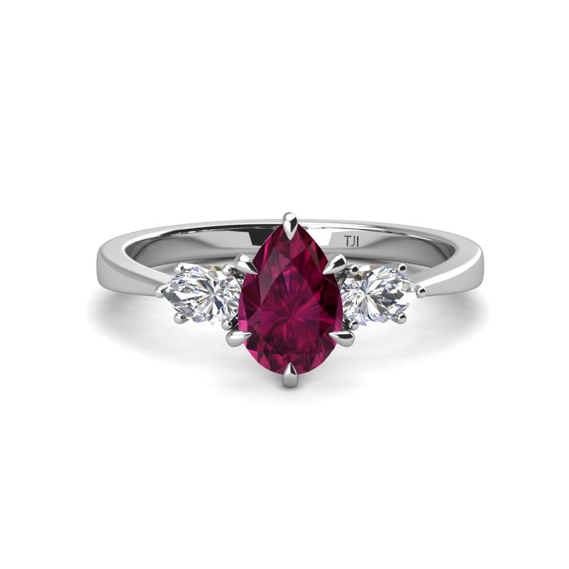 Naomi 9x6 mm Pear Shape Rhodolite Garnet and Lab Grown Diamond Three Stone Engagement Ring 