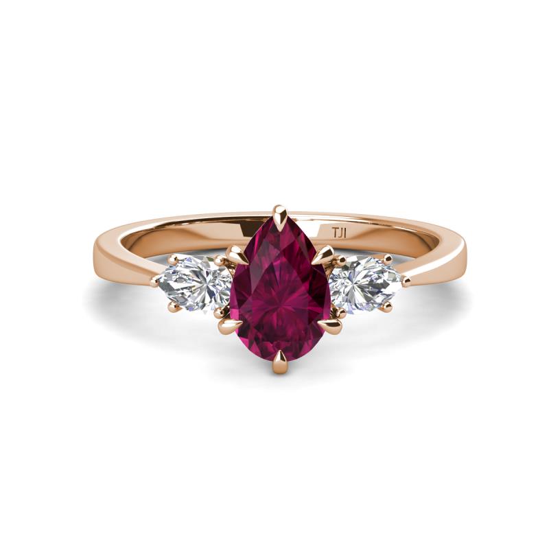 Naomi 9x6 mm Pear Shape Rhodolite Garnet and Lab Grown Diamond Three Stone Engagement Ring 