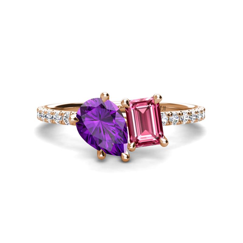 Zahara 9x6 mm Pear Amethyst and 7x5 mm Emerald Cut Pink Tourmaline 2 Stone Duo Ring 