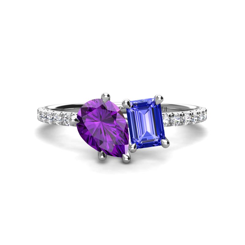 Zahara 9x6 mm Pear Amethyst and 7x5 mm Emerald Cut Tanzanite 2 Stone Duo Ring 