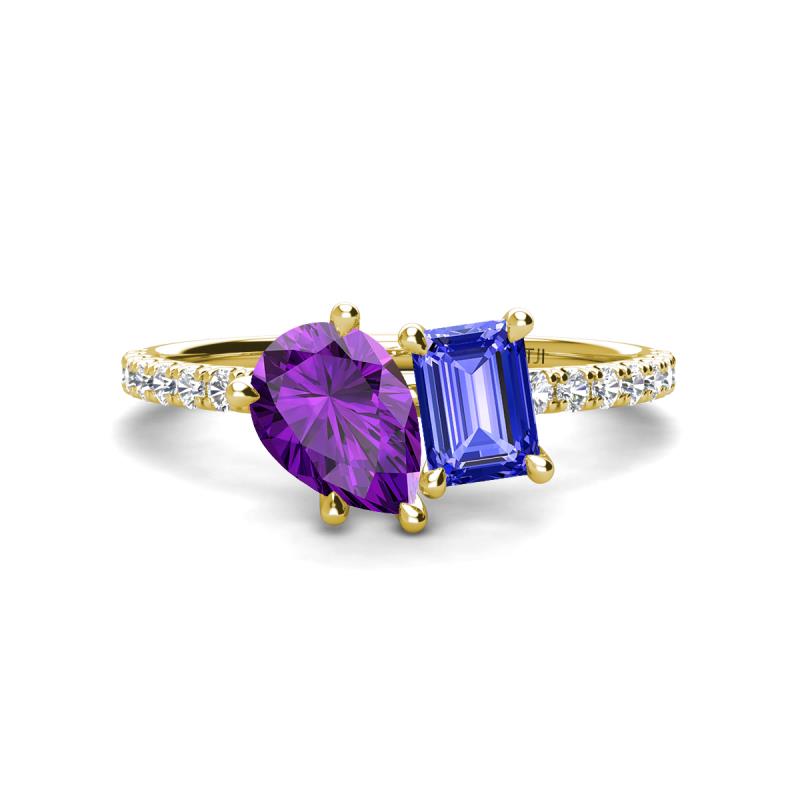 Zahara 9x6 mm Pear Amethyst and 7x5 mm Emerald Cut Tanzanite 2 Stone Duo Ring 