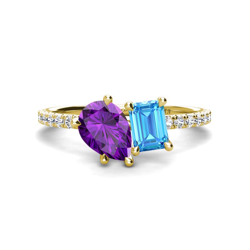 Zahara 9x6 mm Pear Amethyst and 7x5 mm Emerald Cut Blue Topaz 2 Stone Duo Ring 