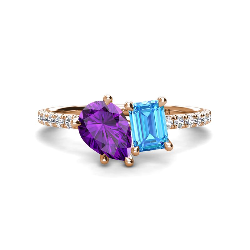 Zahara 9x6 mm Pear Amethyst and 7x5 mm Emerald Cut Blue Topaz 2 Stone Duo Ring 