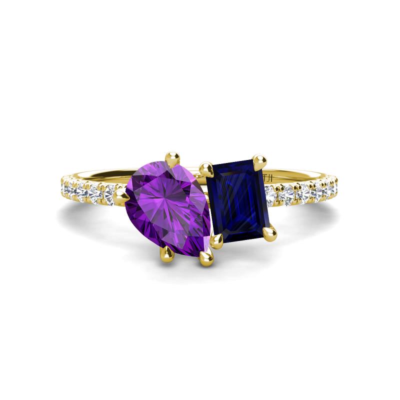 Zahara 9x6 mm Pear Amethyst and 7x5 mm Emerald Cut Lab Created Blue Sapphire 2 Stone Duo Ring 