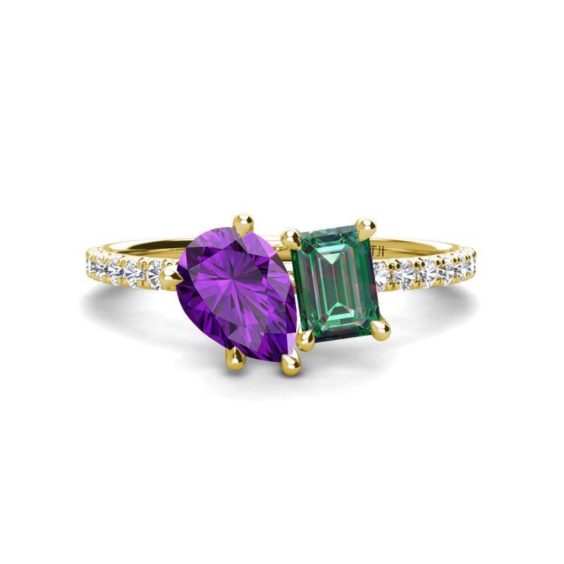 Zahara 9x6 mm Pear Amethyst and 7x5 mm Emerald Cut Lab Created Alexandrite 2 Stone Duo Ring 