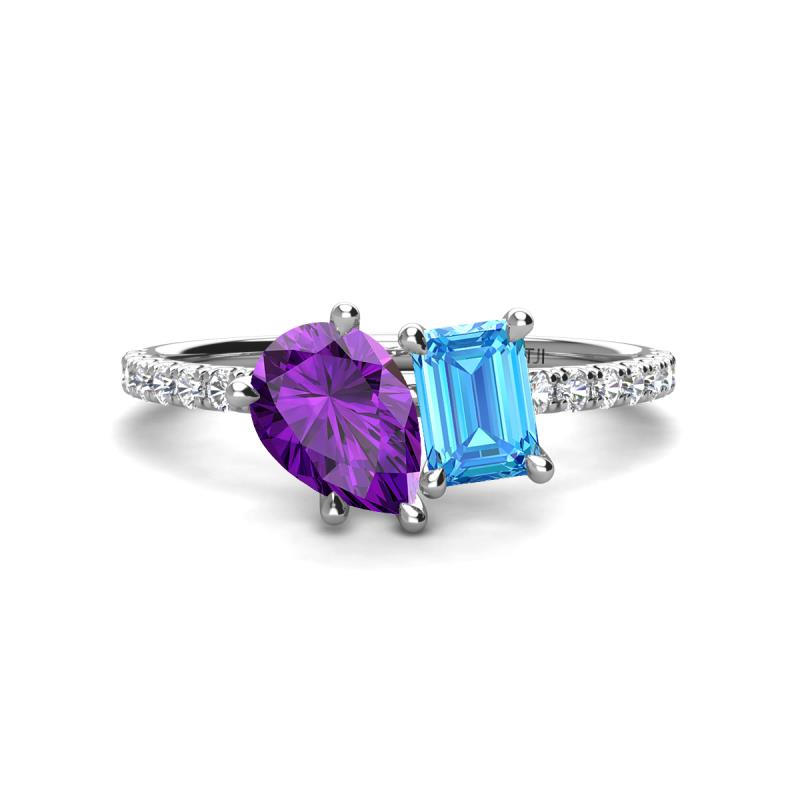 Zahara 9x6 mm Pear Amethyst and 7x5 mm Emerald Cut Blue Topaz 2 Stone Duo Ring 