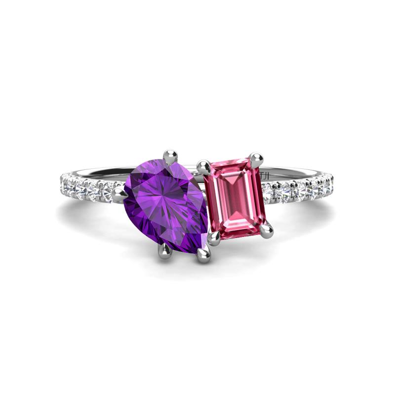Zahara 9x6 mm Pear Amethyst and 7x5 mm Emerald Cut Pink Tourmaline 2 Stone Duo Ring 