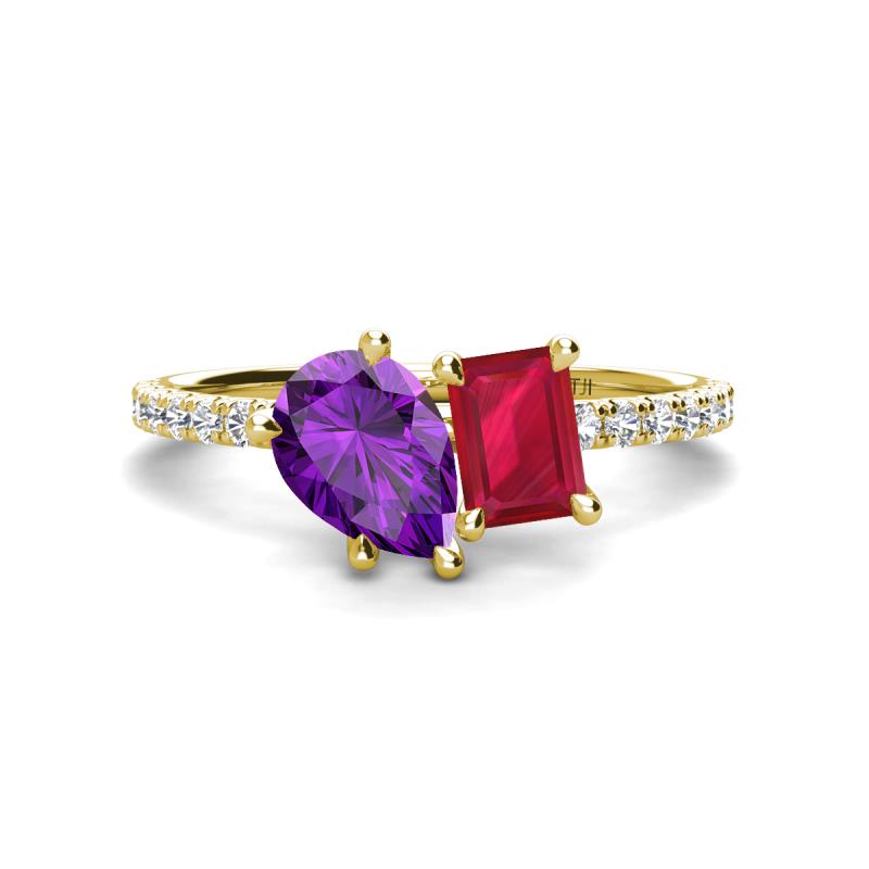Zahara 9x6 mm Pear Amethyst and 7x5 mm Emerald Cut Lab Created Ruby 2 Stone Duo Ring 