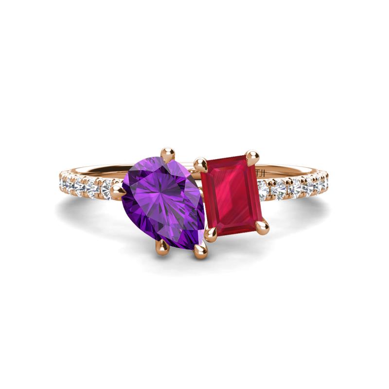 Zahara 9x6 mm Pear Amethyst and 7x5 mm Emerald Cut Lab Created Ruby 2 Stone Duo Ring 