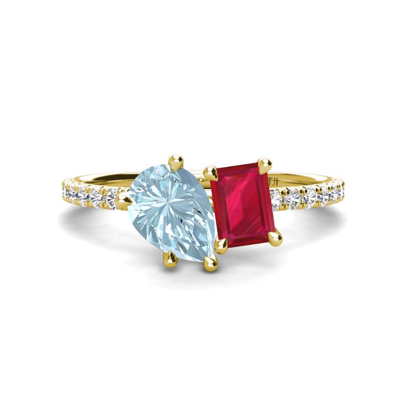Zahara 9x6 mm Pear Aquamarine and 7x5 mm Emerald Cut Lab Created Ruby 2 Stone Duo Ring 
