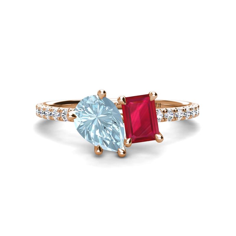 Zahara 9x6 mm Pear Aquamarine and 7x5 mm Emerald Cut Lab Created Ruby 2 Stone Duo Ring 