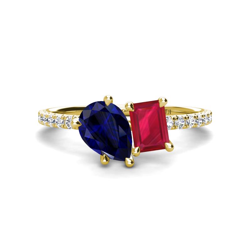 Zahara 9x7 mm Pear Blue Sapphire and 7x5 mm Emerald Cut Lab Created Ruby 2 Stone Duo Ring 