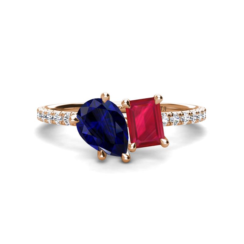 Zahara 9x7 mm Pear Blue Sapphire and 7x5 mm Emerald Cut Lab Created Ruby 2 Stone Duo Ring 