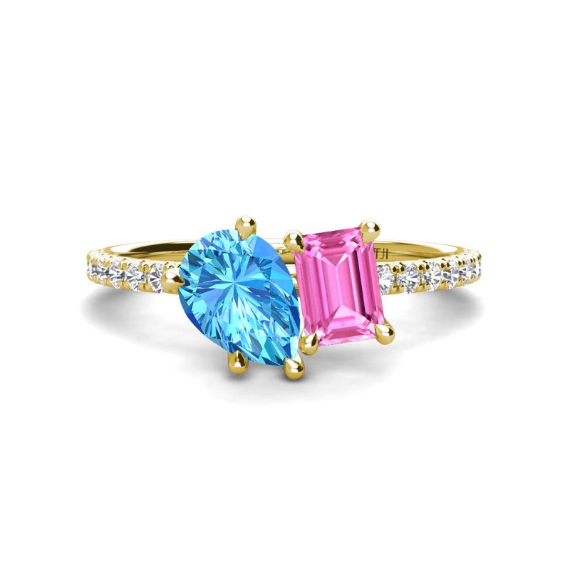 Zahara 9x6 mm Pear Blue Topaz and 7x5 mm Emerald Cut Lab Created Pink Sapphire 2 Stone Duo Ring 