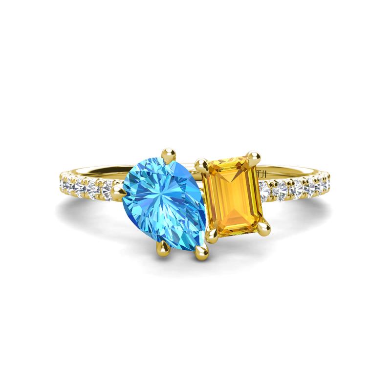Zahara 9x6 mm Pear Blue Topaz and 7x5 mm Emerald Cut Citrine 2 Stone Duo Ring 