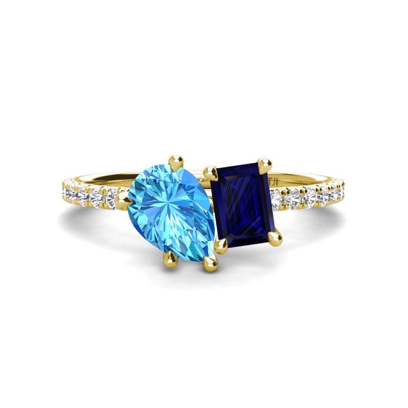 Zahara 9x6 mm Pear Blue Topaz and 7x5 mm Emerald Cut Lab Created Blue Sapphire 2 Stone Duo Ring 