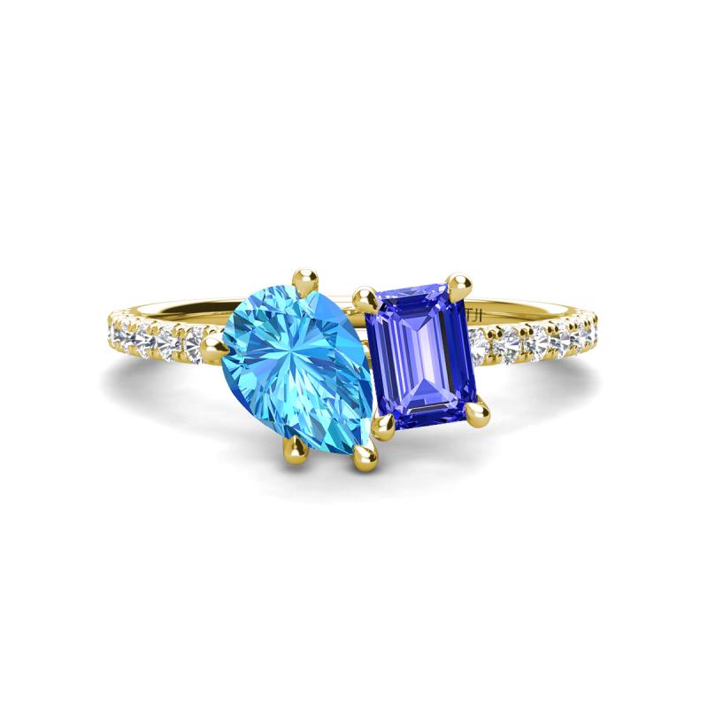 Zahara 9x6 mm Pear Blue Topaz and 7x5 mm Emerald Cut Tanzanite 2 Stone Duo Ring 