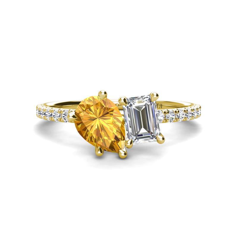 Zahara 9x6 mm Pear Citrine and GIA Certified 7x5 mm Emerald Cut Diamond 2 Stone Duo Ring 