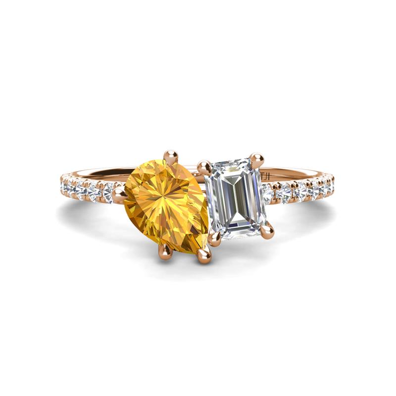 Zahara 9x6 mm Pear Citrine and IGI Certified 7x5 mm Emerald Cut Lab Grown Diamond 2 Stone Duo Ring 