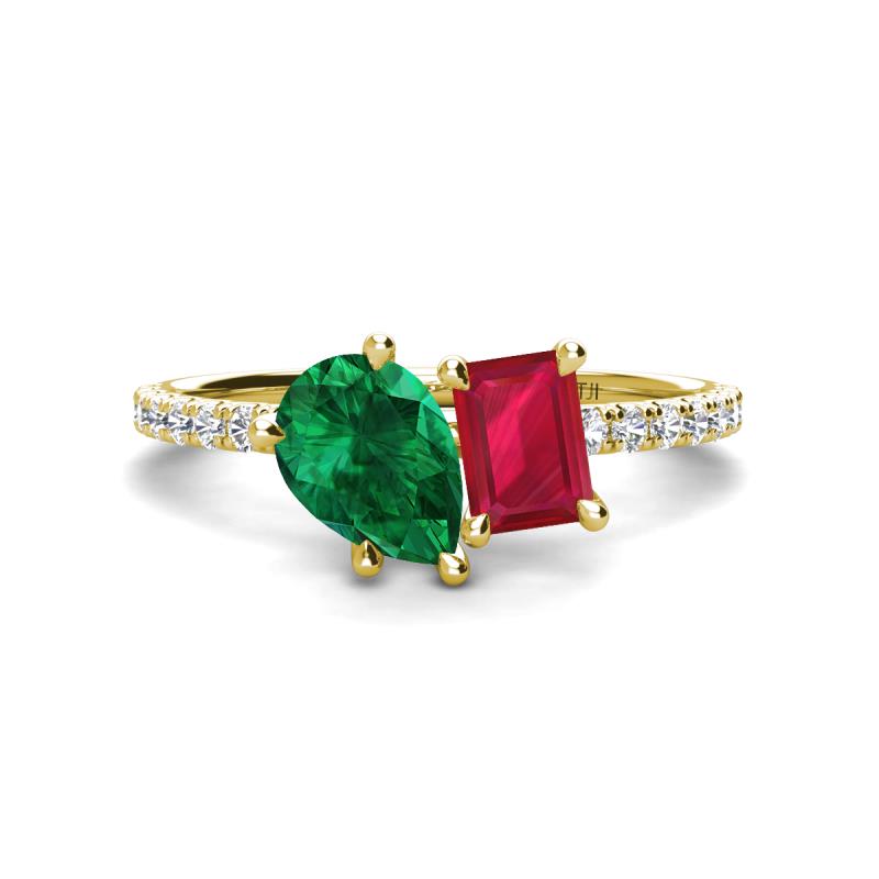Zahara 9x7 mm Pear Emerald and 7x5 mm Emerald Cut Lab Created Ruby 2 Stone Duo Ring 
