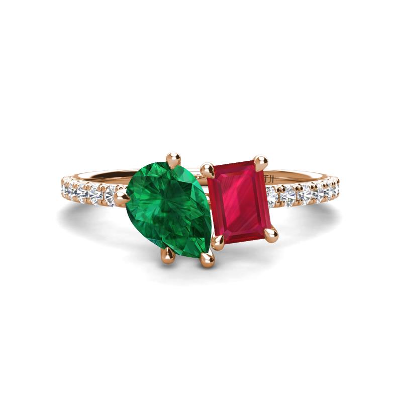 Zahara 9x7 mm Pear Emerald and 7x5 mm Emerald Cut Lab Created Ruby 2 Stone Duo Ring 
