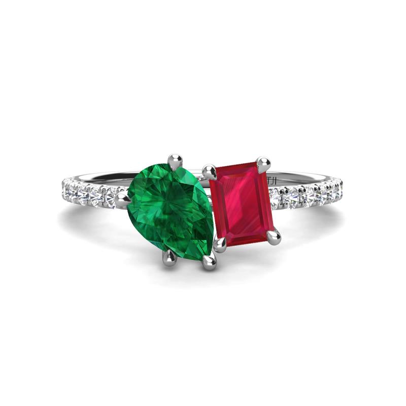 Zahara 9x7 mm Pear Emerald and 7x5 mm Emerald Cut Lab Created Ruby 2 Stone Duo Ring 