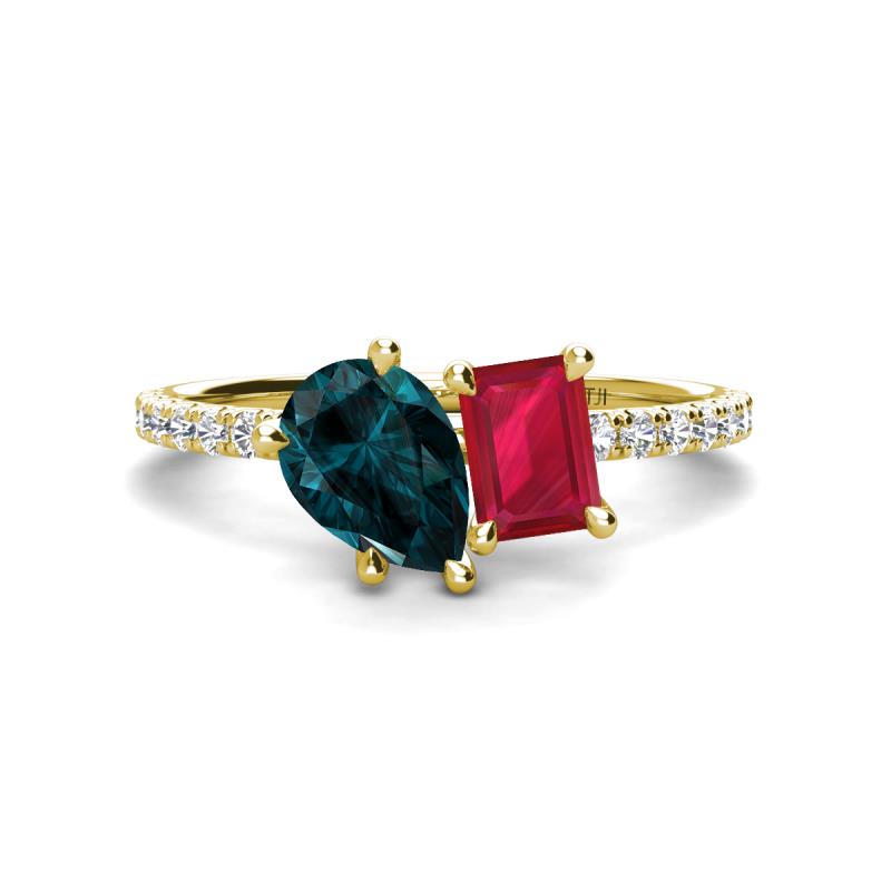 Zahara 9x6 mm Pear London Blue Topaz and 7x5 mm Emerald Cut Lab Created Ruby 2 Stone Duo Ring 