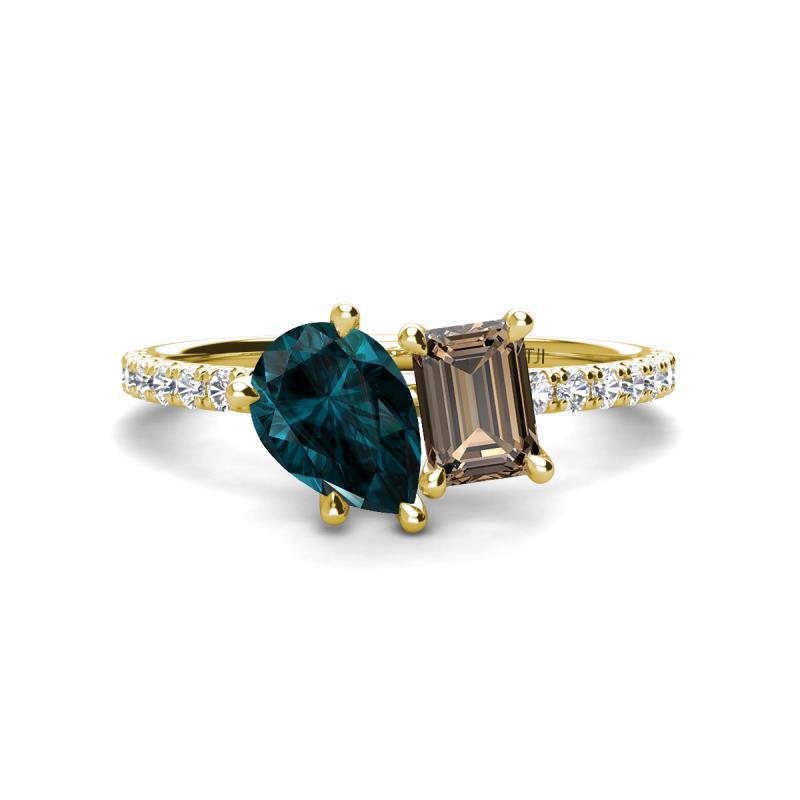 Zahara 9x6 mm Pear London Blue Topaz and 7x5 mm Emerald Cut Smoky Quartz 2 Stone Duo Ring 