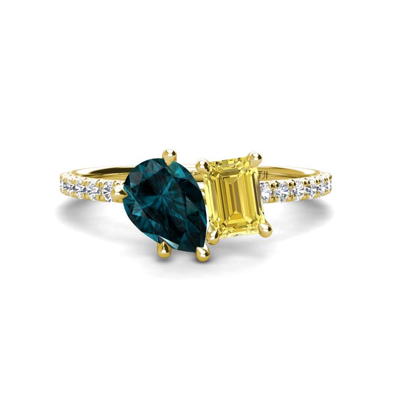 Zahara 9x6 mm Pear London Blue Topaz and 7x5 mm Emerald Cut Lab Created Yellow Sapphire 2 Stone Duo Ring 