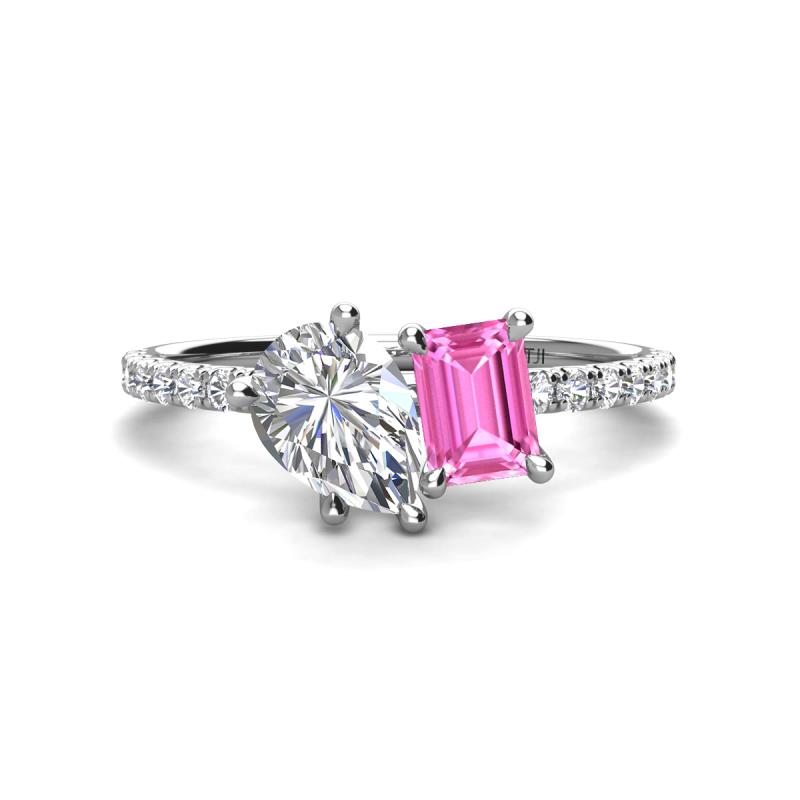 Zahara 9x6 mm Pear Forever One Moissanite and 7x5 mm Emerald Cut Lab Created Pink Sapphire 2 Stone Duo Ring 