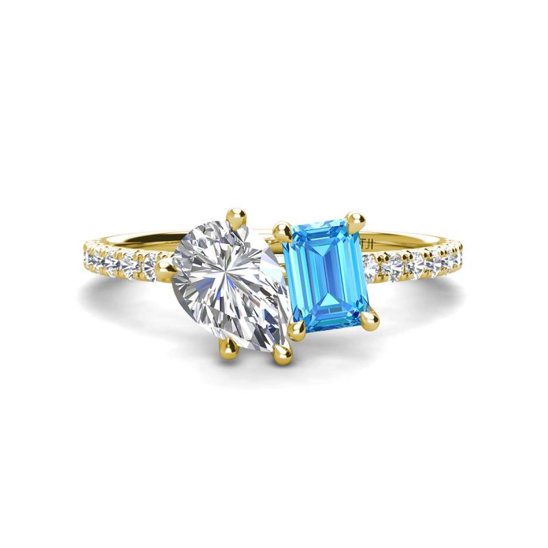 Zahara 9x6 mm Pear Forever One Moissanite and 7x5 mm Emerald Cut Blue Topaz 2 Stone Duo Ring 