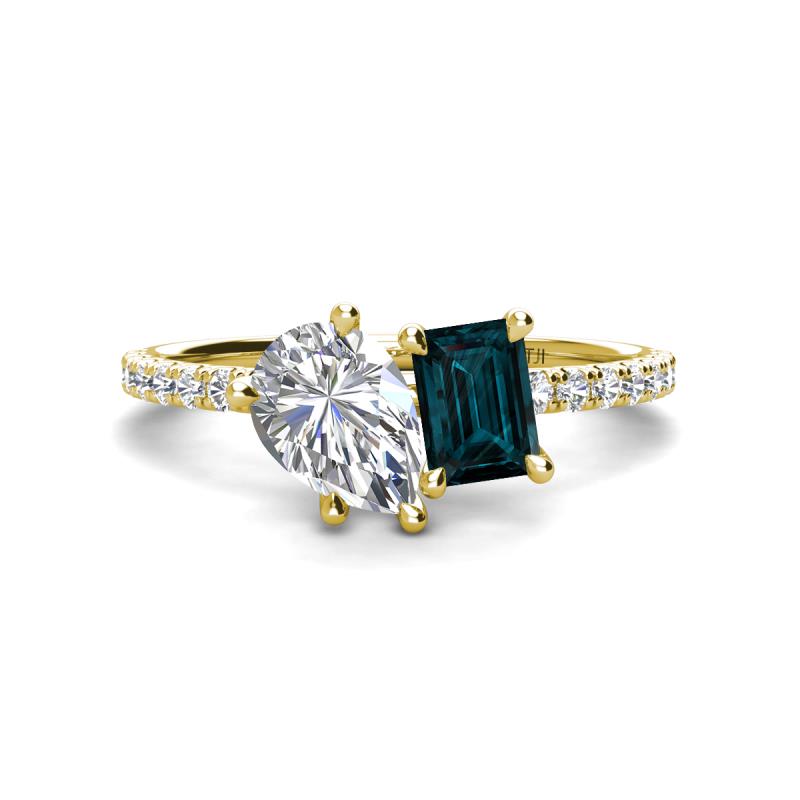 Zahara 9x6 mm Pear Forever One Moissanite and 7x5 mm Emerald Cut London Blue Topaz 2 Stone Duo Ring 