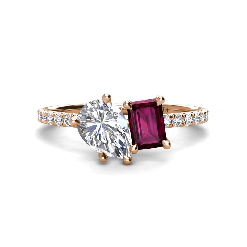 Zahara 9x6 mm Pear Forever Brilliant Moissanite and 7x5 mm Emerald Cut Rhodolite Garnet 2 Stone Duo Ring 