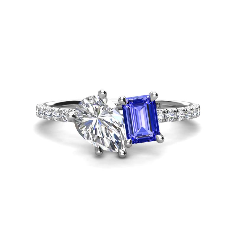 Zahara 9x6 mm Pear Forever Brilliant Moissanite and 7x5 mm Emerald Cut Tanzanite 2 Stone Duo Ring 