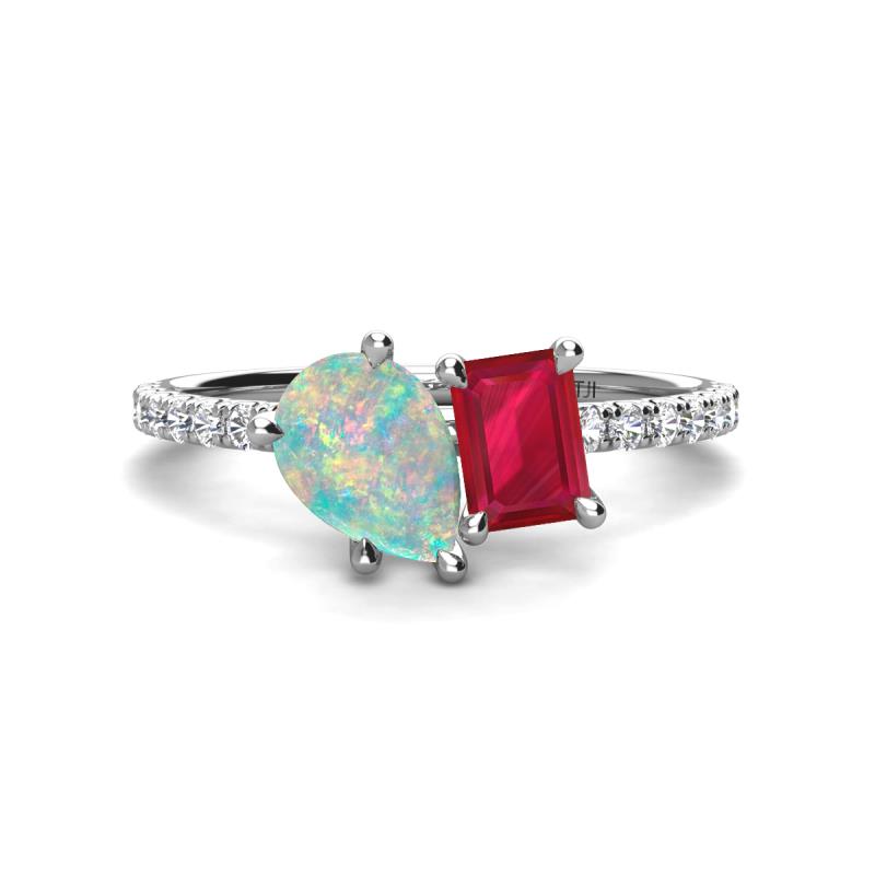 Zahara 9x6 mm Pear Opal and 7x5 mm Emerald Cut Lab Created Ruby 2 Stone Duo Ring 