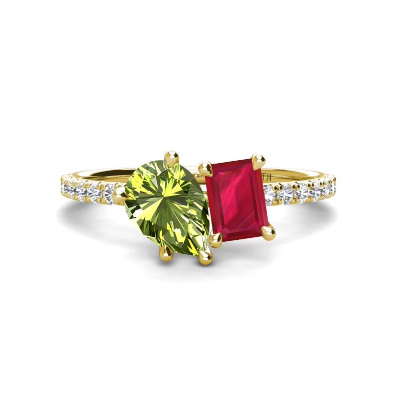 Zahara 9x6 mm Pear Peridot and 7x5 mm Emerald Cut Lab Created Ruby 2 Stone Duo Ring 