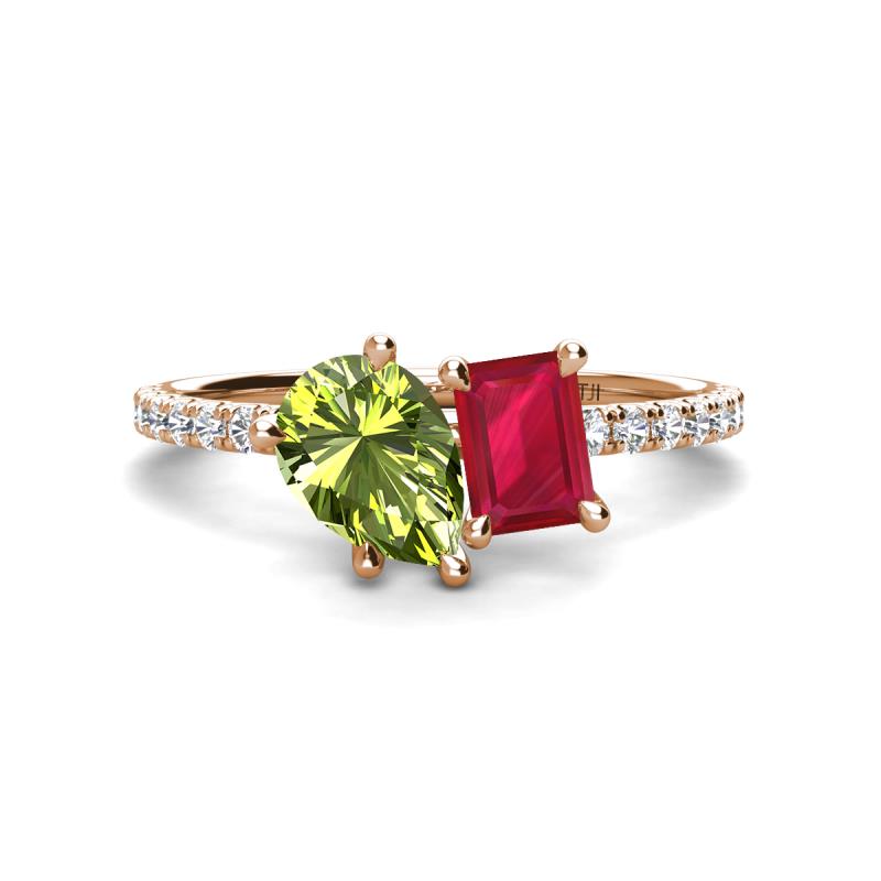 Zahara 9x6 mm Pear Peridot and 7x5 mm Emerald Cut Lab Created Ruby 2 Stone Duo Ring 