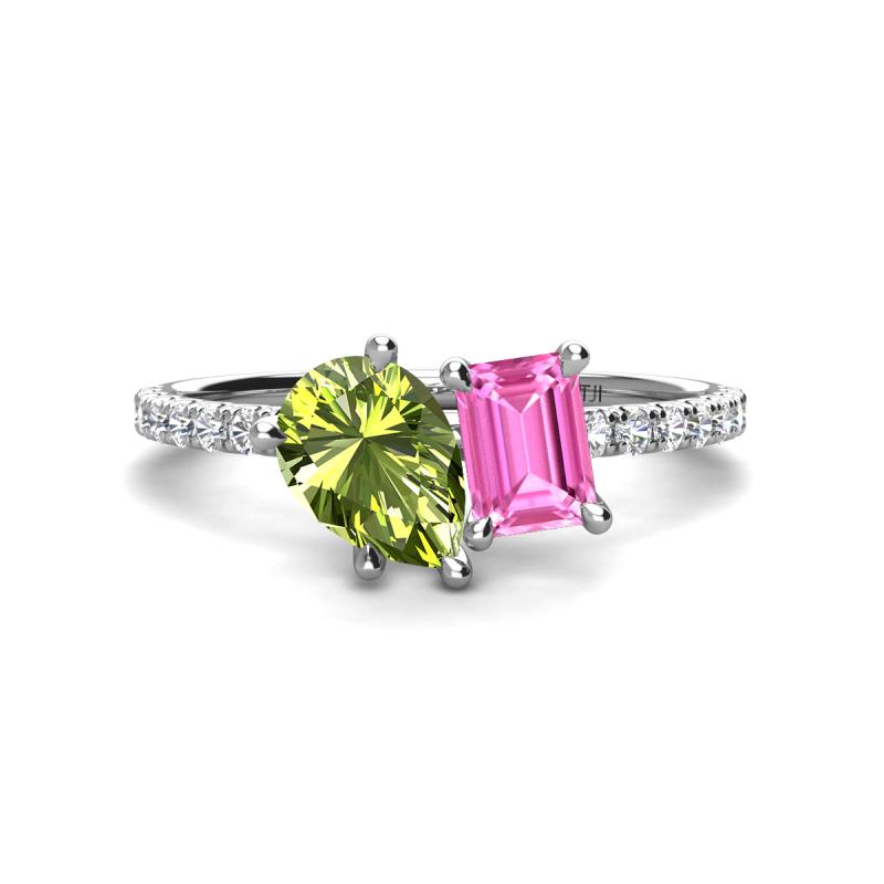 Zahara 9x6 mm Pear Peridot and 7x5 mm Emerald Cut Lab Created Pink Sapphire 2 Stone Duo Ring 