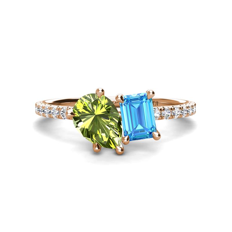 Zahara 9x6 mm Pear Peridot and 7x5 mm Emerald Cut Blue Topaz 2 Stone Duo Ring 