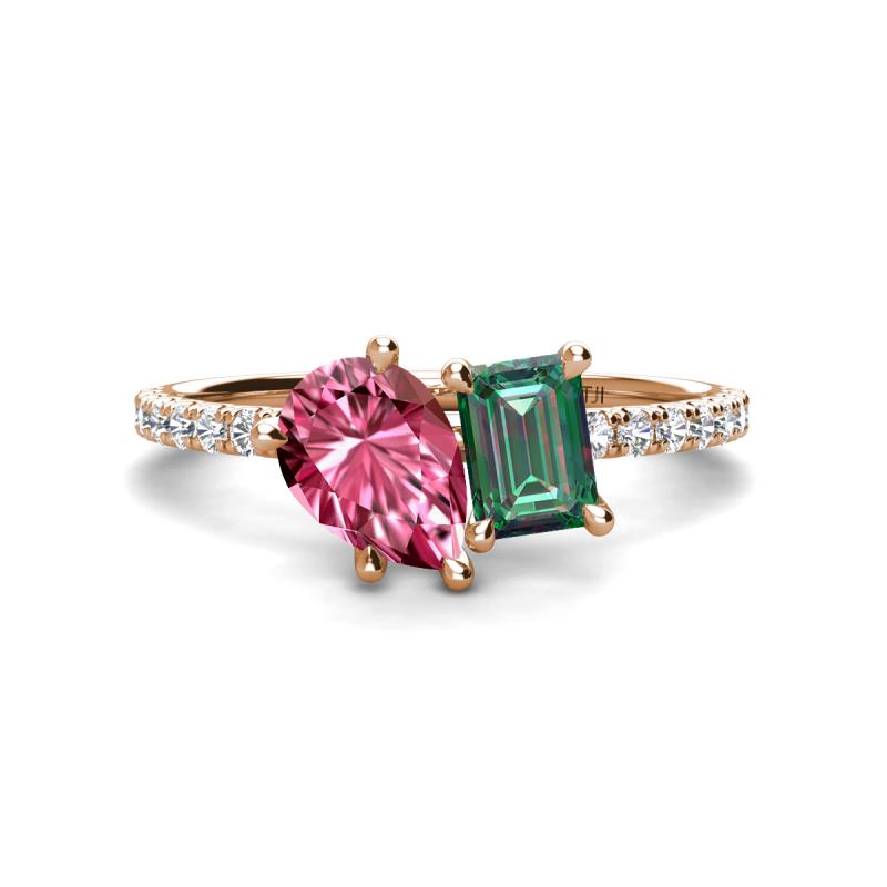 Zahara 9x6 mm Pear Pink Tourmaline and 7x5 mm Emerald Cut Lab Created Alexandrite 2 Stone Duo Ring 