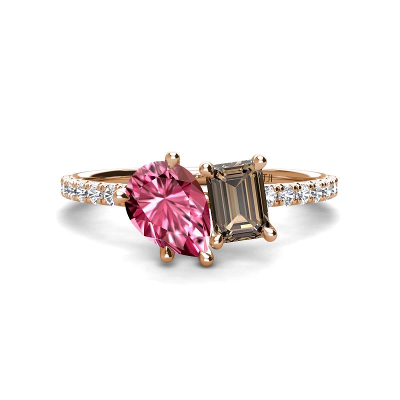 Zahara 9x6 mm Pear Pink Tourmaline and 7x5 mm Emerald Cut Smoky Quartz 2 Stone Duo Ring 