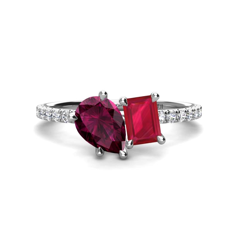 Zahara 9x6 mm Pear Rhodolite Garnet and 7x5 mm Emerald Cut Lab Created Ruby 2 Stone Duo Ring 